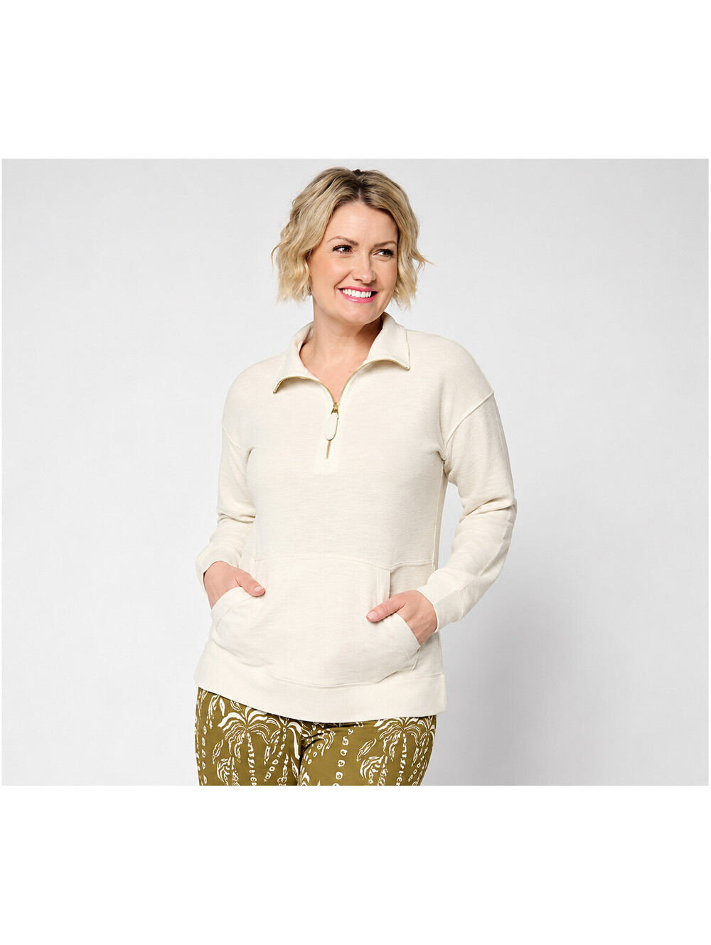 Belle Beach by Kim Gravel Sweatshirt Slub Sea Breeze Half Zip Top Oyster, Large